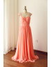Beaded Cap Sleeves Coral Chiffon Corset Back Bridesmaid Dress